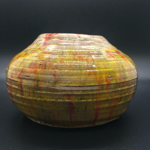 Studio Pottery Small Round Vase Splatter Paint Design Yellow And Red - Picture 7 of 8